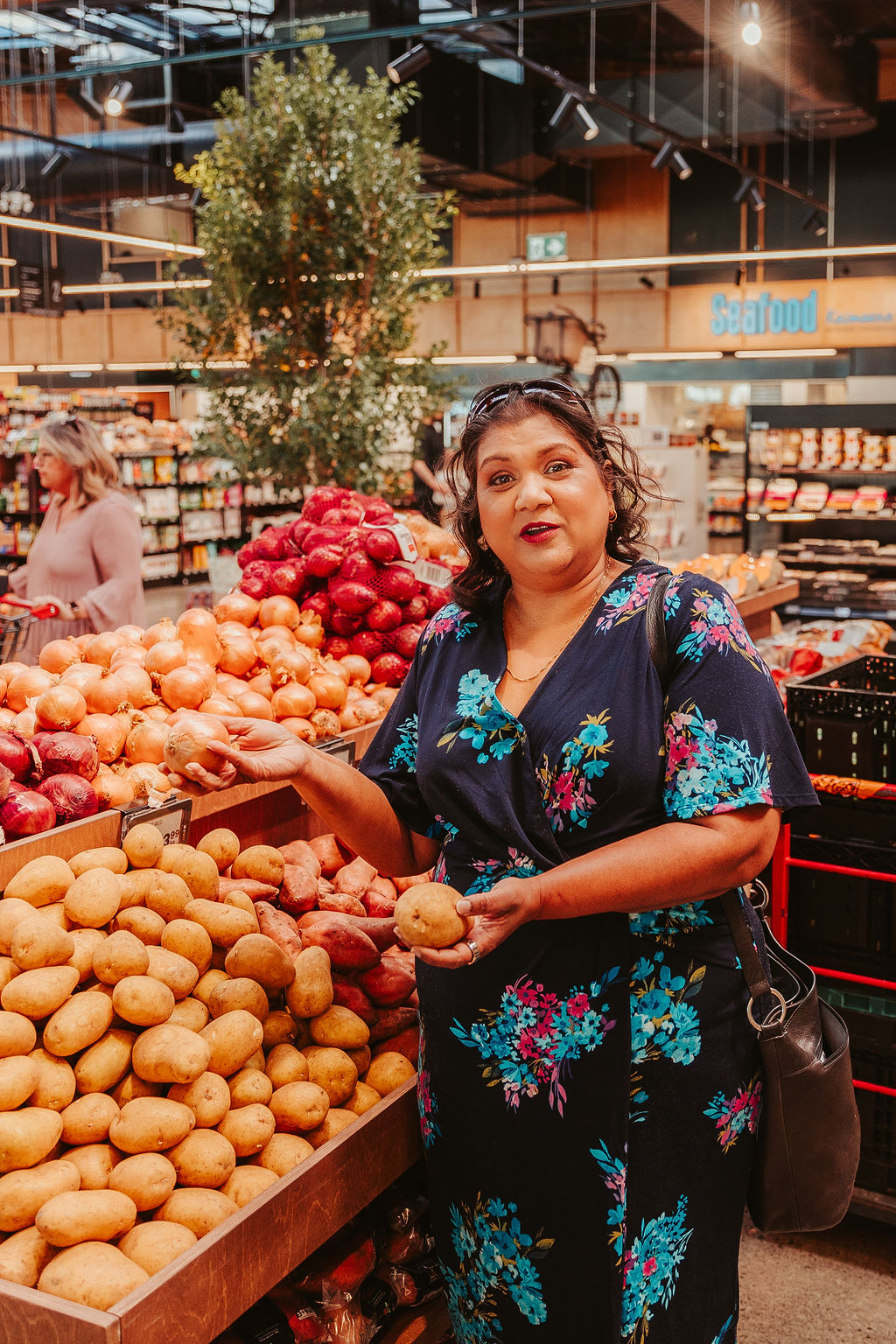 Showing off Pukekohe potatoes and onions